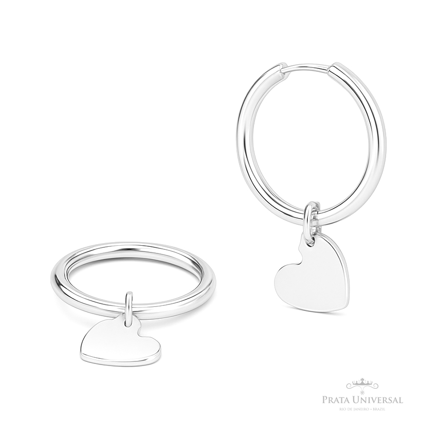 Argola Redonda Tubular com Pingente de Coração em Prata - Prata Universal Argola Redonda Tubular com Pingente de Coração em Prata - Prata Universal